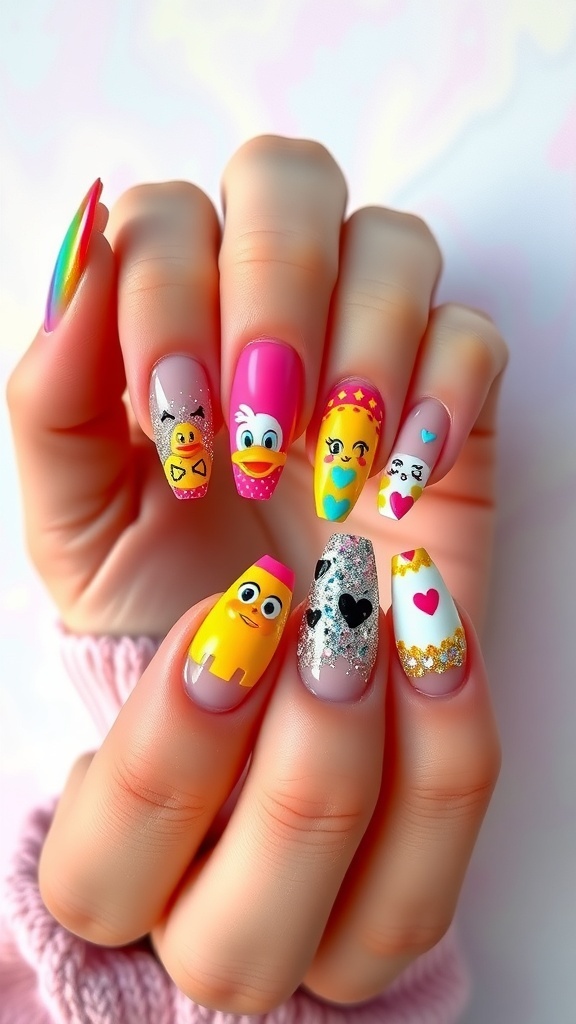 Vibrant 90s duck nails acrylic with flared shape and nail art on a pastel background.